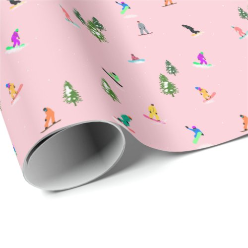 Pink Snowboarders Snowboarding Illustration    Wrapping Paper
