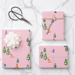 Pink Snowboarders Snowboarding Illustration Wrapping Paper Sheets