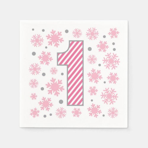 Pink Snowflake 1st Birthday Paper Napkins
