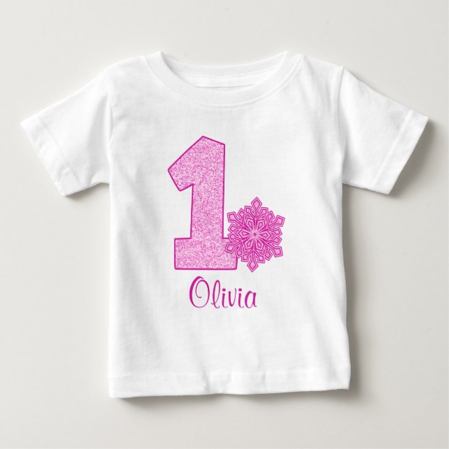 Pink Snowflake 1st Birthday Personalized Baby T-Shirt (Front)