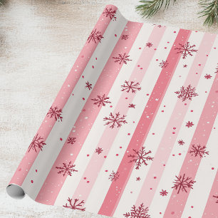 Pink Snowflake and Stripe Wrapping Paper