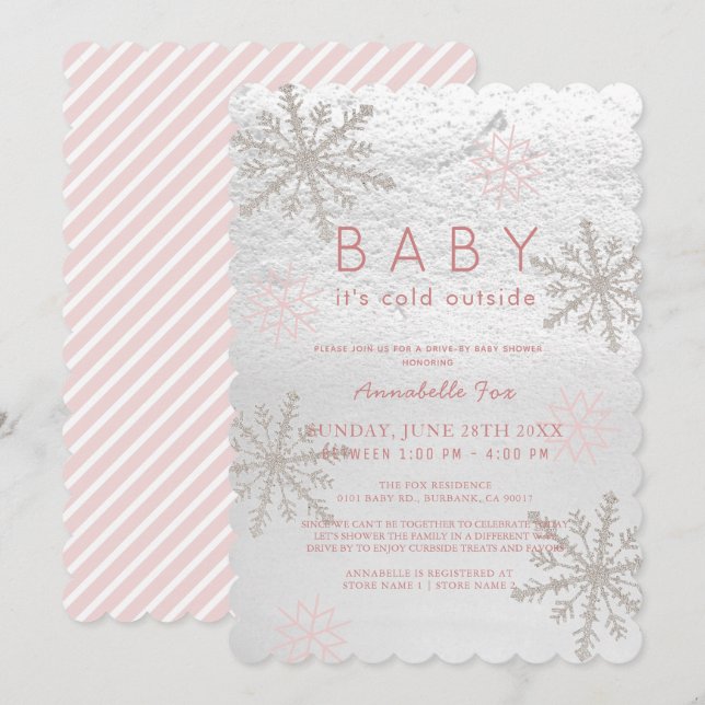 Pink Snowflake Baby Its Cold Drive-by Baby Shower Invitation (Front/Back)