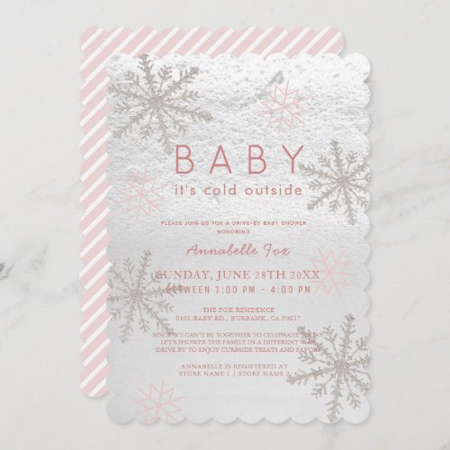 Pink Snowflake Baby Its Cold Drive_by Baby Shower Invitation