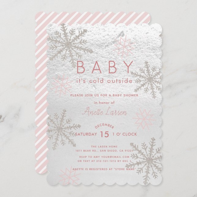 Pink Snowflake Baby Its Cold Outside Baby Shower Invitation (Front/Back)