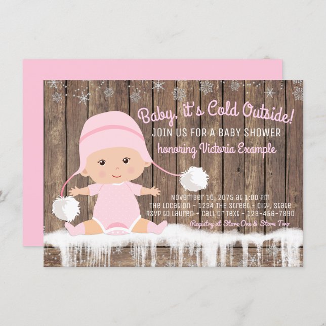 Pink Snowflake Baby its Cold Outside Baby Shower Invitation (Front/Back)