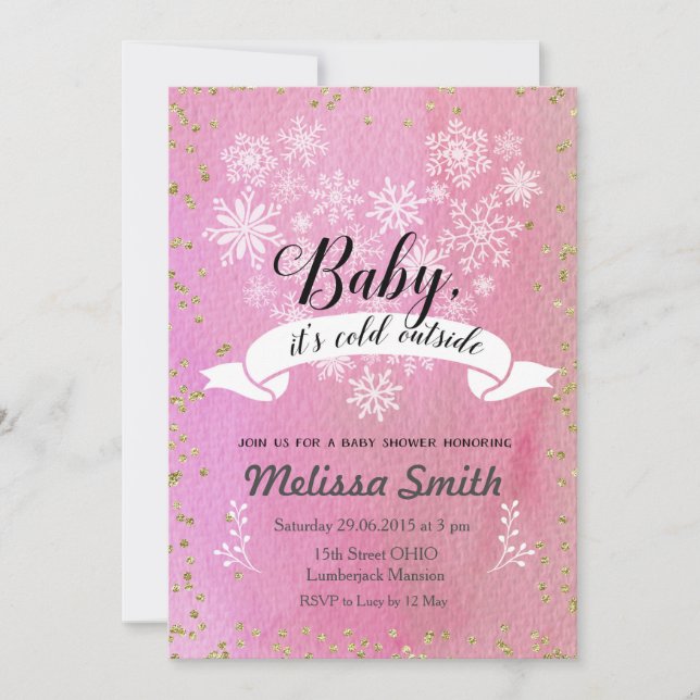 Pink Snowflake Baby It's Cold Outside Invitation (Front)