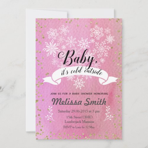 Pink Snowflake Baby Its Cold Outside Invitation