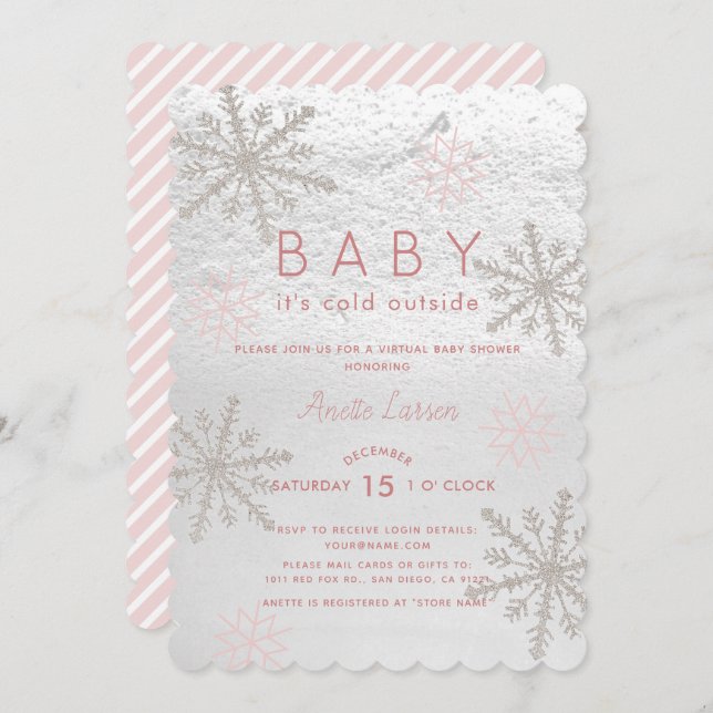 Pink Snowflake Baby Its Cold Virtual Baby Shower Invitation (Front/Back)