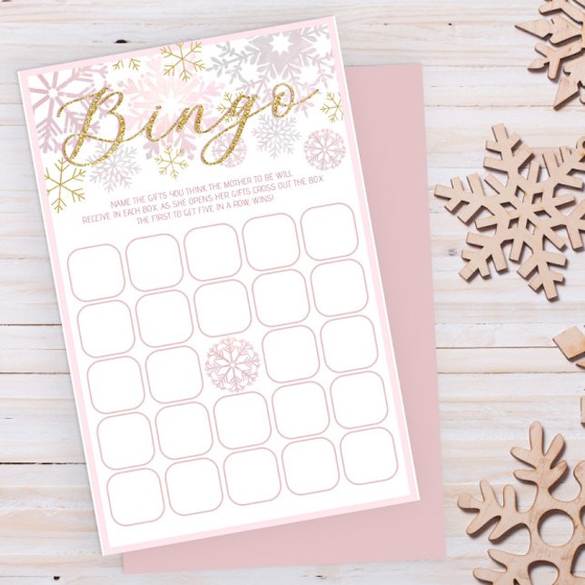 Pink Snowflake Baby Shower Bingo Game Winter Girl (Blush Pink Winter Baby Shower Fun Game)
