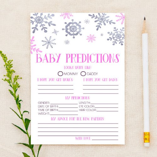 Pink Snowflake Baby Shower Predictions Activity Stationery