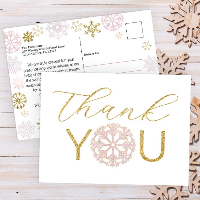 Pink Snowflake Baby Shower Thank You Postcard  (Pink & Gold Winter Wonderland Baby Shower Thank You Postcard)