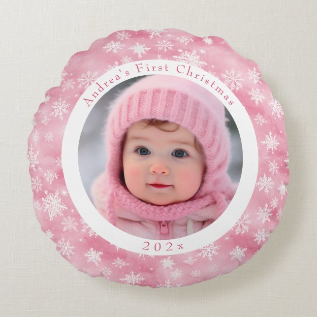 Pink Snowflake Baby's First Christmas Photo Round Pillow (Front)