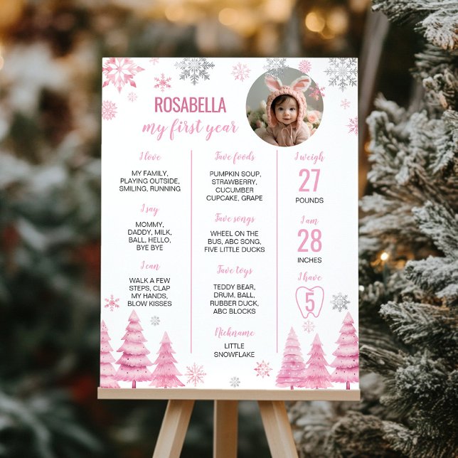 Pink Snowflake Birthday Milestone Photo Poster (Creator Uploaded)