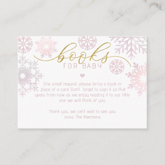 Pink Snowflake Books for Baby Shower Insert Card (Front)