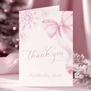  Pink Snowflake Bow Baby Shower Foldable Thank You Card