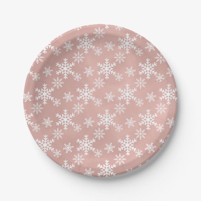 pink snowflake christmas baby shower party  paper plates (Front)