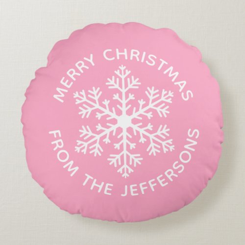 Pink Snowflake Christmas Round Pillow