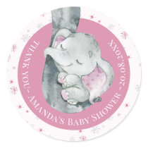 Pink Snowflake Elephant Winter Girl Baby Shower Classic Round Sticker