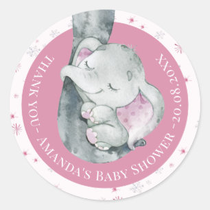 Pink Snowflake Elephant Winter Girl Baby Shower Classic Round Sticker