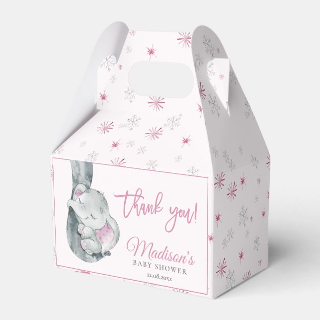 Pink Snowflake Elephant Winter Girl Baby Shower Favor Boxes (Front Side)