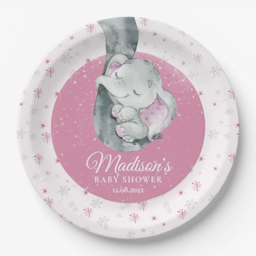 Pink Snowflake Elephant Winter Girl Baby Shower Paper Plates