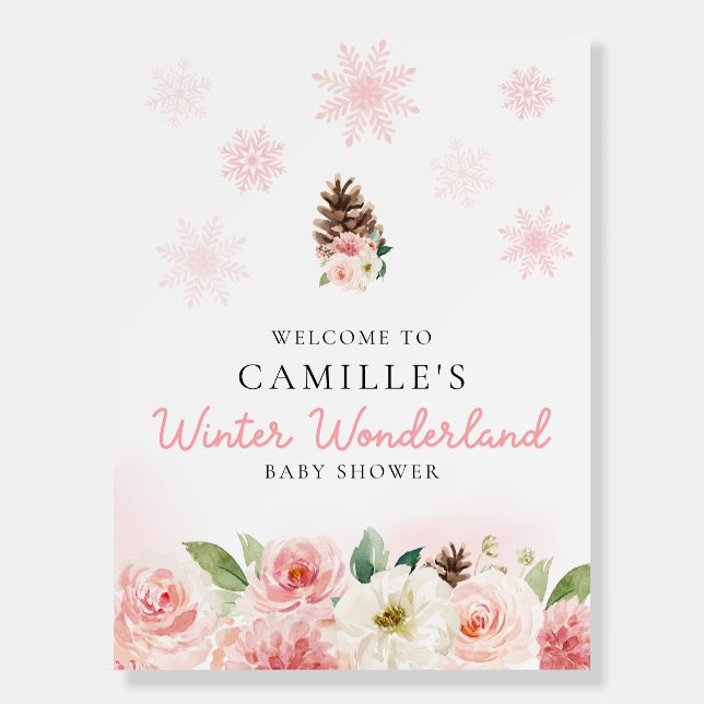 Pink Snowflake Floral Baby Shower Welcome Sign (Front)