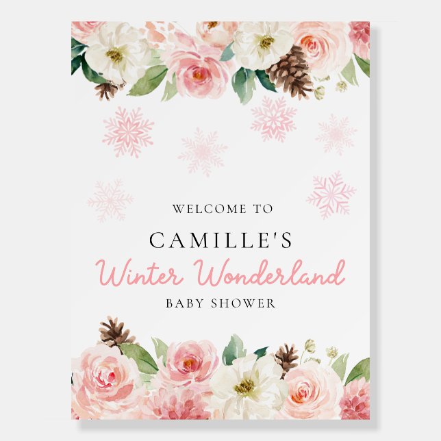 Pink Snowflake Floral Baby Shower Welcome Sign (Front)