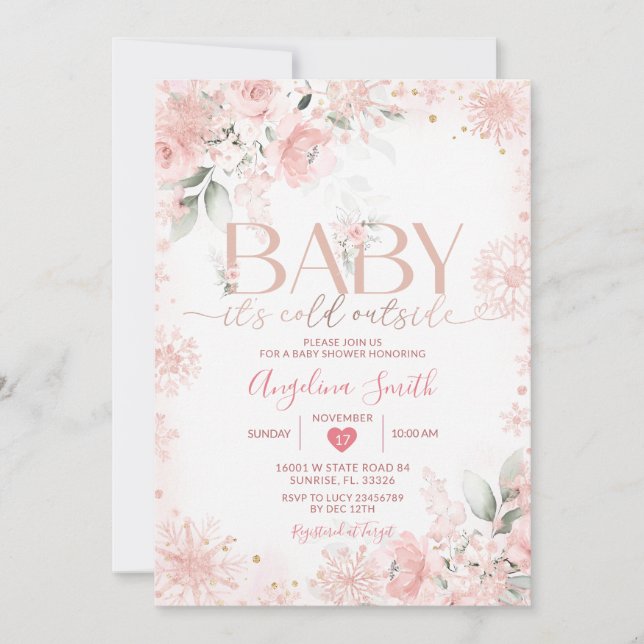Pink Snowflake Floral Its Cold Outside Baby Shower Invitation (Front)