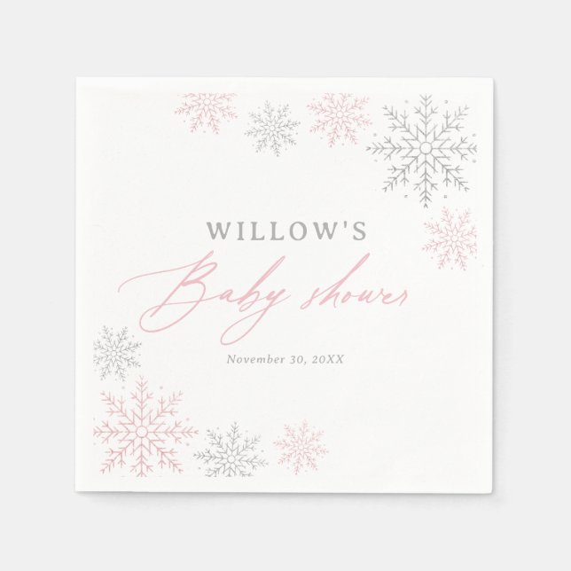 Pink Snowflake Girl Baby Shower Napkins (Front)