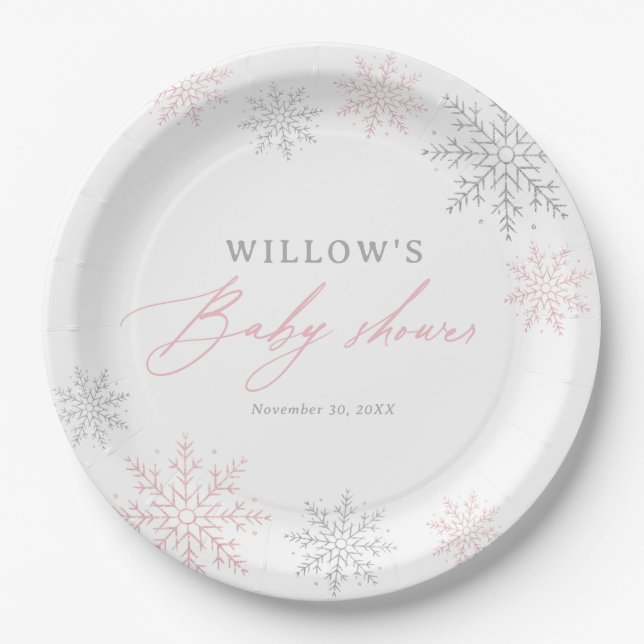 Pink Snowflake Girl Baby Shower Paper Plates (Front)