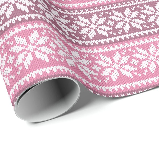 Pink Snowflake Knit Sweater Pattern Winter Wrapping Paper (Roll Corner)