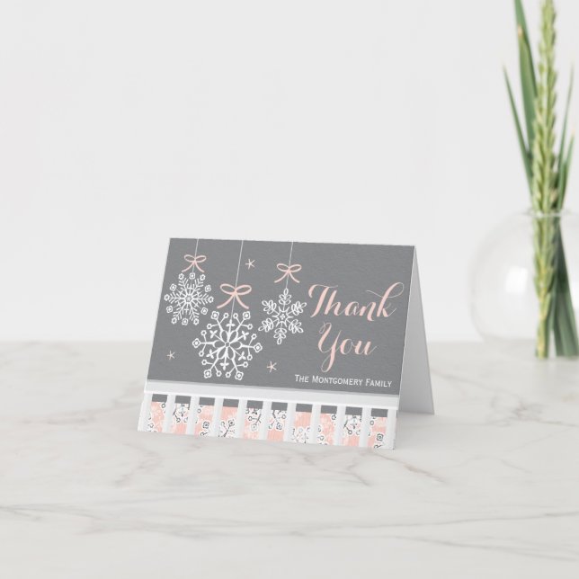 Pink Snowflake Mobile Baby Shower Thank You Card (Front)