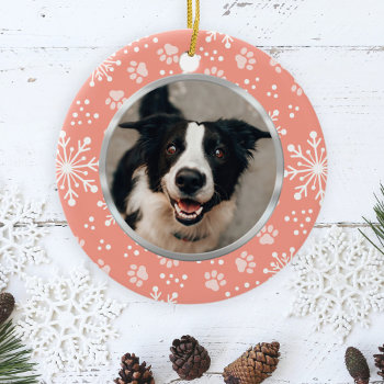Pink Snowflake Paw Pattern Pet Photo Ceramic Ornament by DoodlesGiftShop at Zazzle
