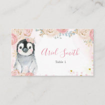 Pink Snowflake Penguin Winter Place Card