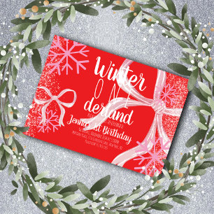 Pink Snowflake Snowy Script First Birthday Bow Invitation