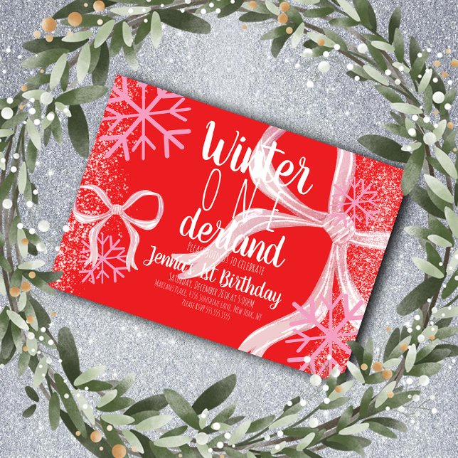 Pink Snowflake Snowy Script First Birthday Bow Invitation (Creator Uploaded)