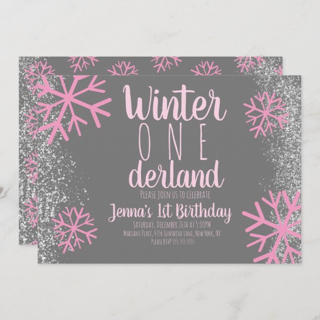Pink Snowflake Snowy Script First Birthday Invitation (Front/Back)