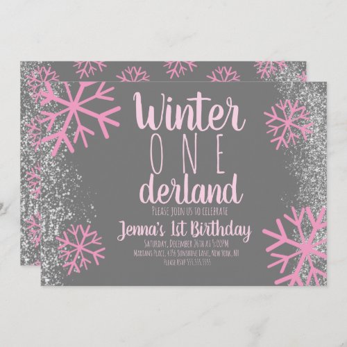 Pink Snowflake Snowy Script First Birthday Invitation