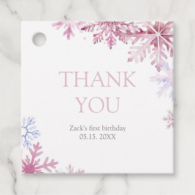 Pink Snowflake Square Favor Tags (Front)