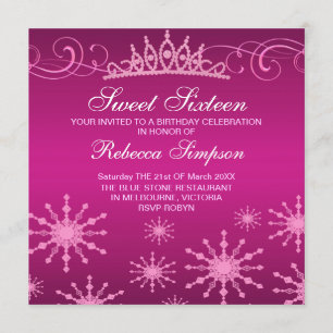 Pink Snowflake & Tiara Design Birthday Invitation