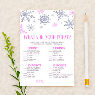 Pink Snowflake What's In Purse Baby Shower Game Stationery