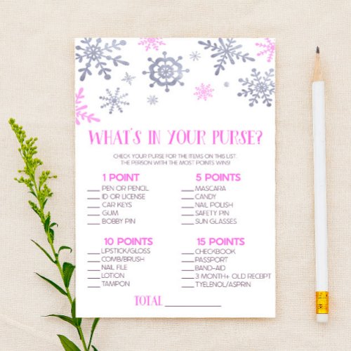 Pink Snowflake Whats In Purse Baby Shower Game Stationery