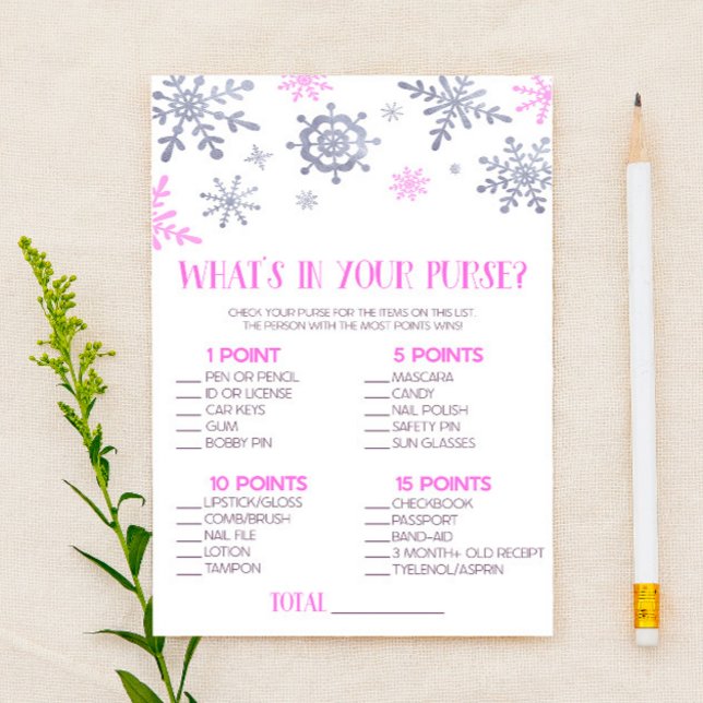 Pink Snowflake What's In Purse Baby Shower Game Stationery (Creator Uploaded)