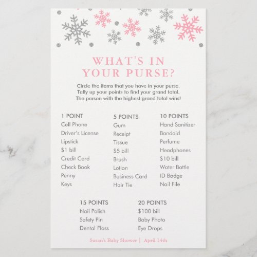Pink Snowflake Whats in Your Purse Game Card
