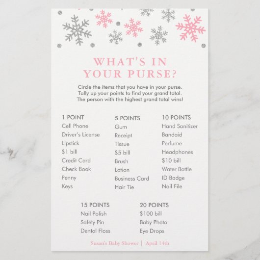 Pink Snowflake What's in Your Purse Game Card (Front)