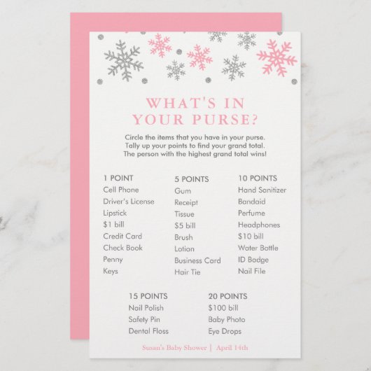 Pink Snowflake What's in Your Purse Game Card (Front/Back)