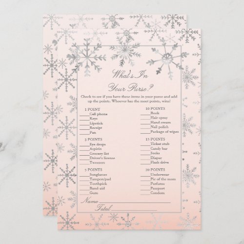 Pink Snowflake Whats In Your Purse Shower Game Invitation
