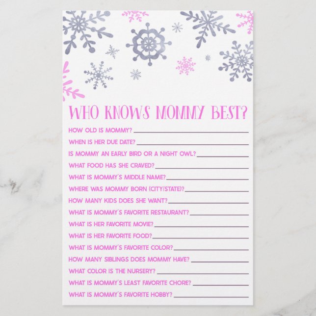 Pink Snowflake Who Knows Mommy Baby Shower Game Stationery (Front)