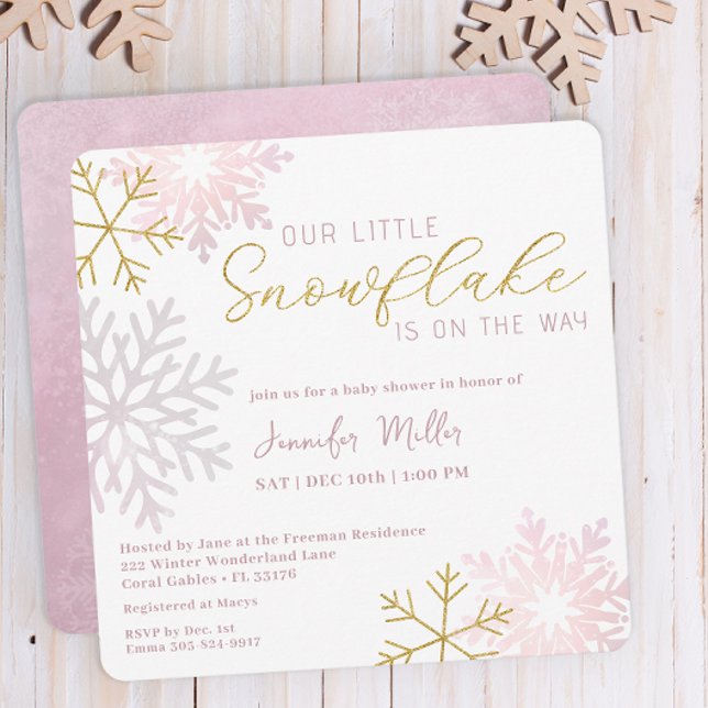 Pink Snowflake Winter Baby Shower | Gold Script Invitation (Winter Baby Shower Invitation
)