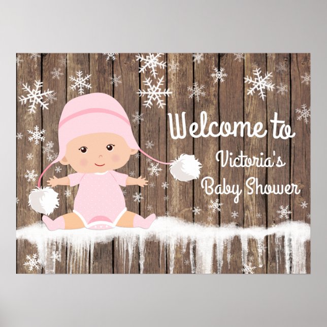Pink Snowflake Winter Baby Shower Sign (Front)